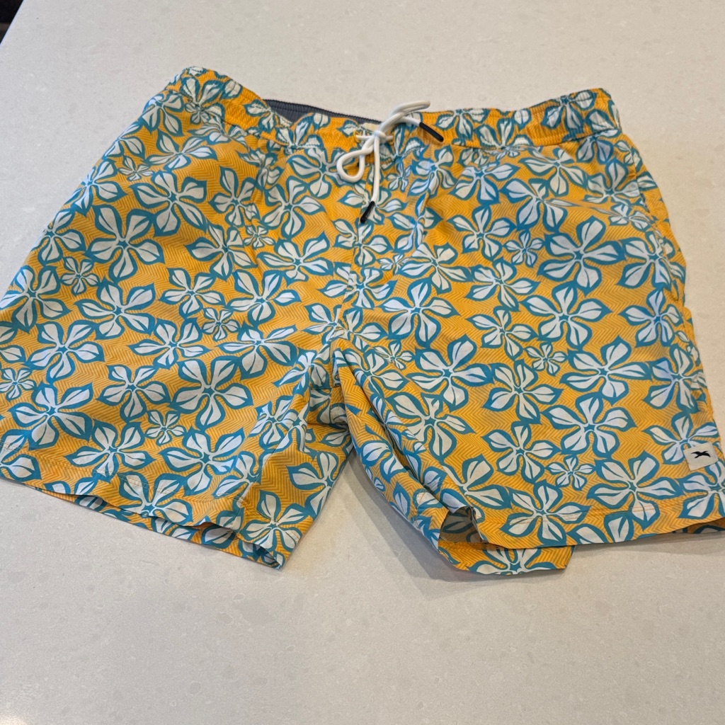 Men's Yellow Floral Swim Trunks With Teal And White Pattern